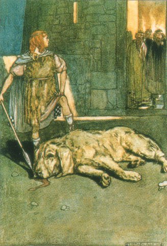 Sétanta (Cú Chulainn) erschlägt den Hund des Culann