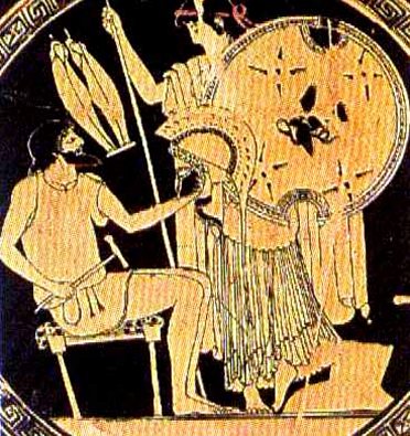 Hephaistos fertigt einen Helm für Athena