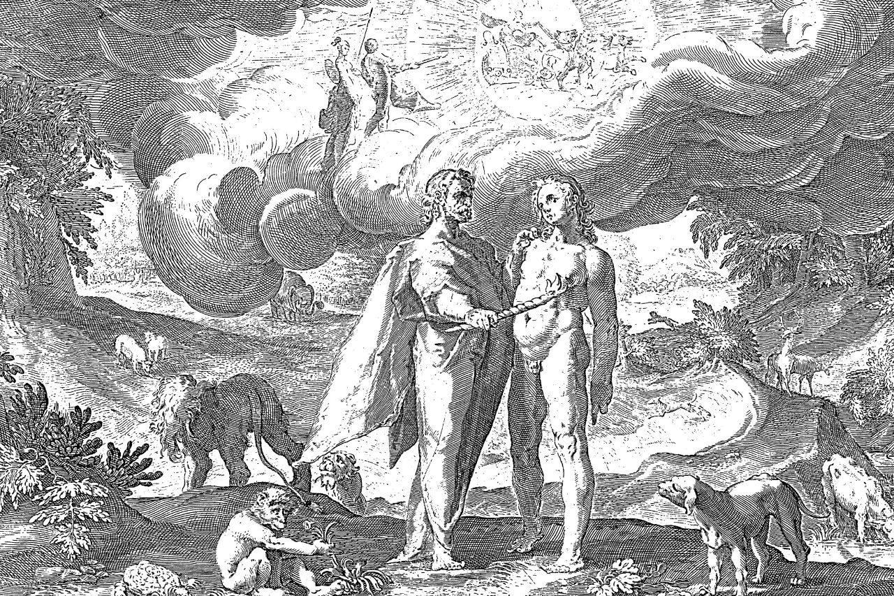 Illustration von Prometheus, der den Menschen das Feuer gibt