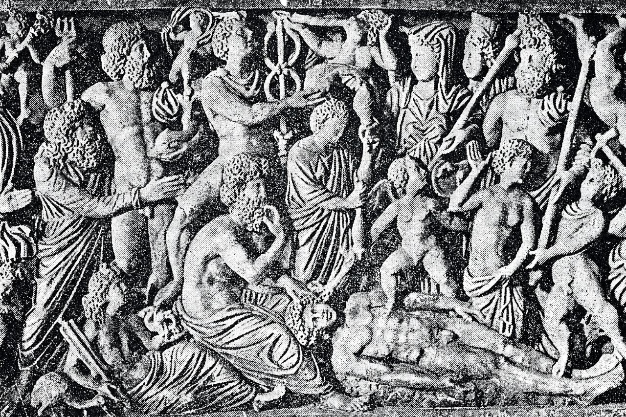 Reliefdarstellung von Prometheus, der die Menschen lehrt