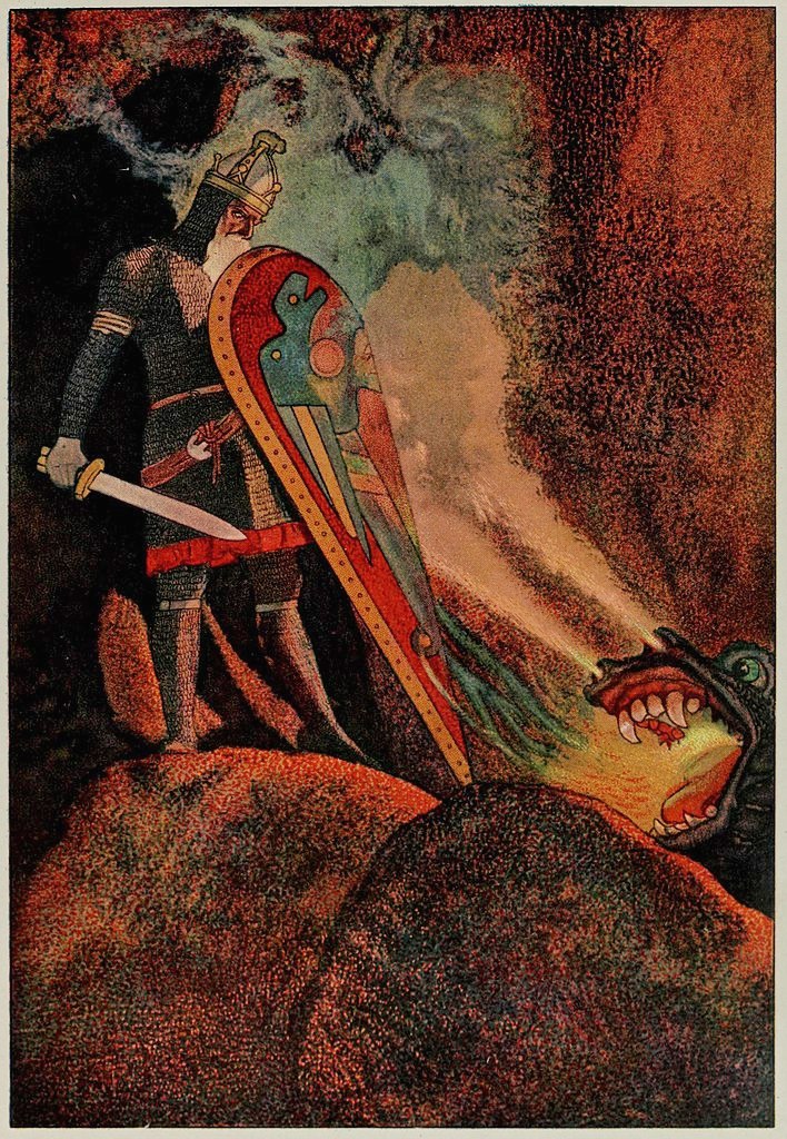 Beowulf dem feuerspeienden Drachen von Angesicht zu Angesicht gegenüber