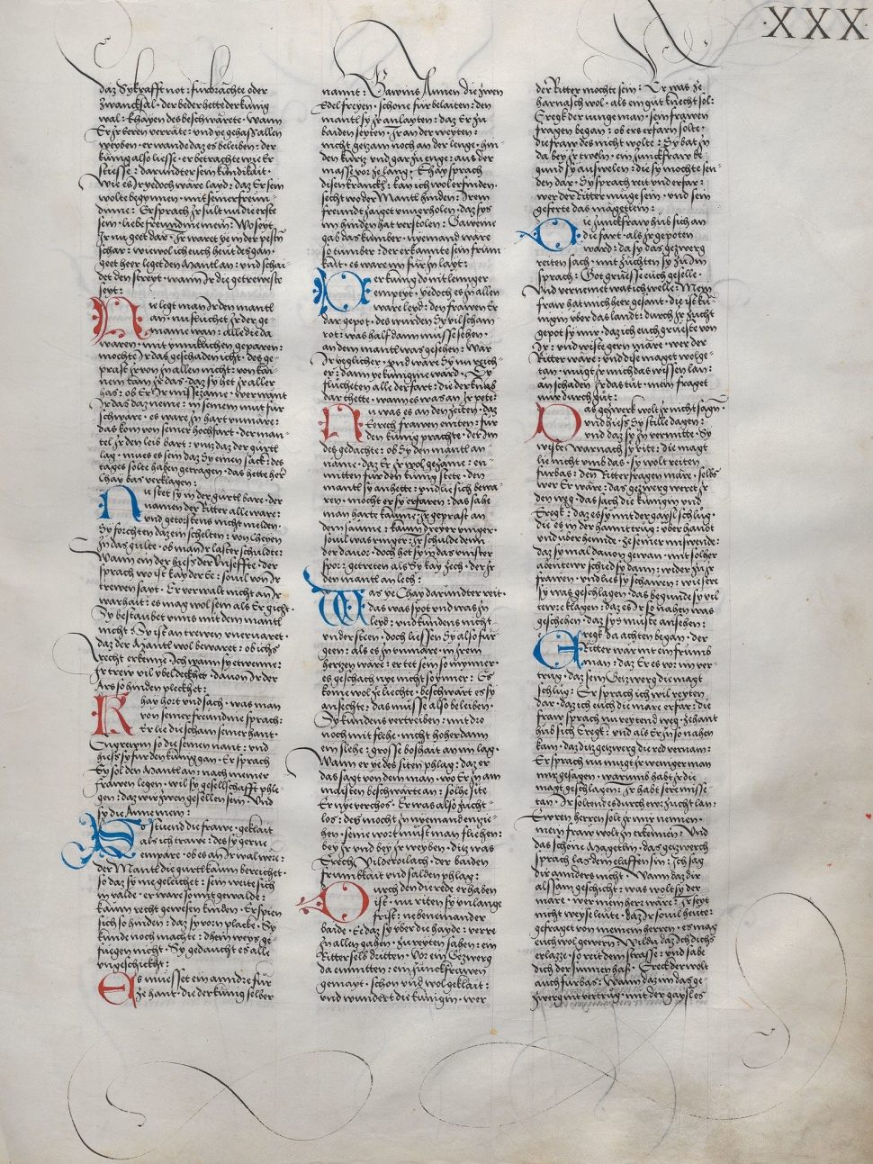Ambraser Heldenbuch, Folio 30r, mit dem Beginn von Hartmann von Aues Erec, 1516, Österreichische Nationalbibliothek