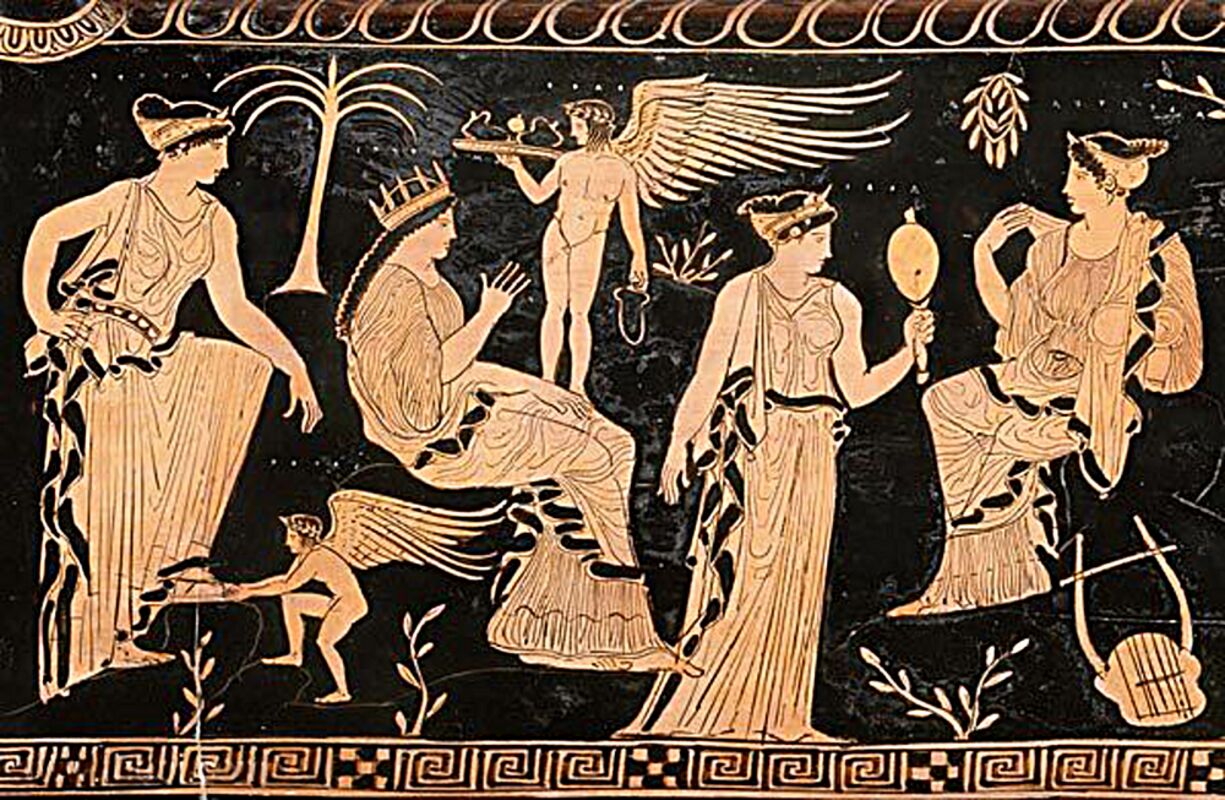 Antike griechische Vase mit Darstellung der Eurynome ganz links