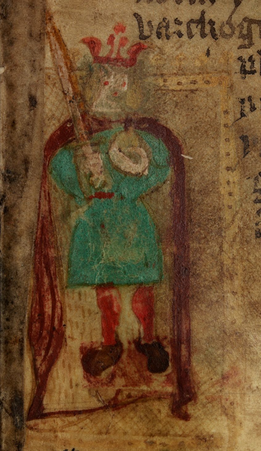 Darstellung des Aurelius Ambrosius aus einer Handschrift der Historia Regum Britanniae, 15. Jahrhundert, Wales