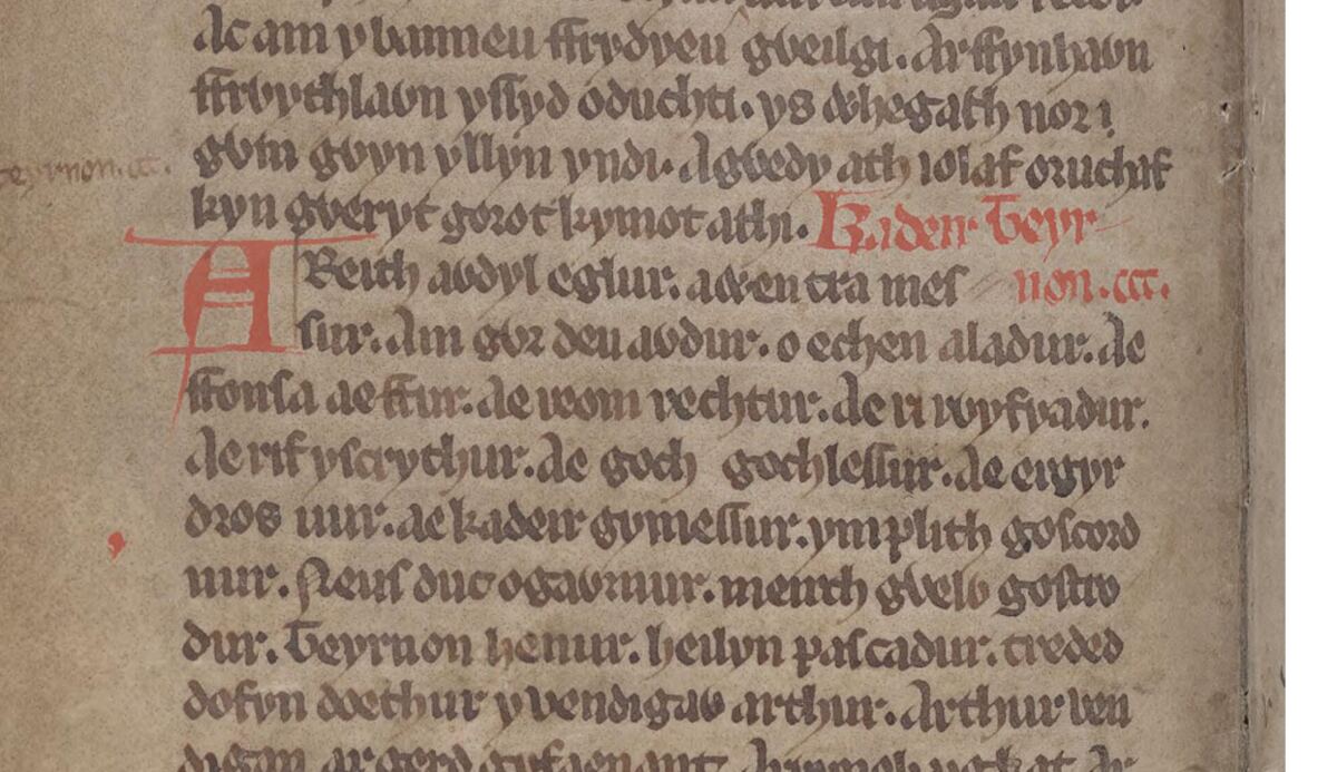 <i>Das Buch von Taliesin</i>, Folio 16v, zeigt das Gedicht <i>Kadeir Teyrnon</i>, in dem Aladurs Name am Ende der sechsten Zeile erscheint