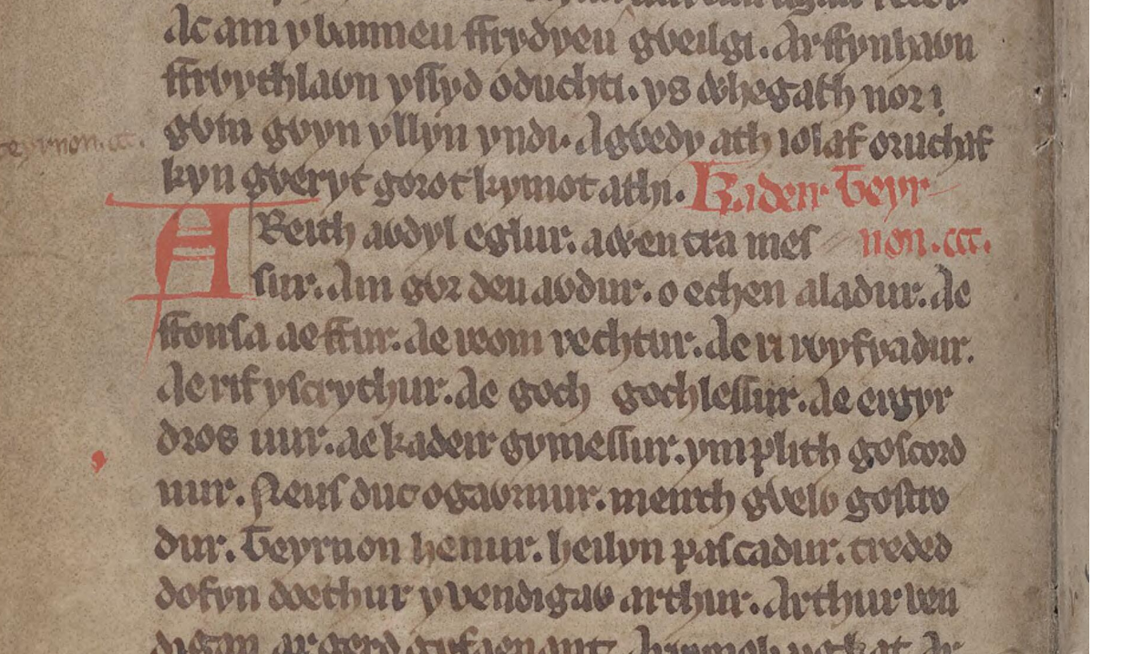 <i>Das Buch von Taliesin</i>, Folio 16v, zeigt das Gedicht <i>Kadeir Teyrnon</i>, in dem Aladurs Name am Ende der sechsten Zeile erscheint