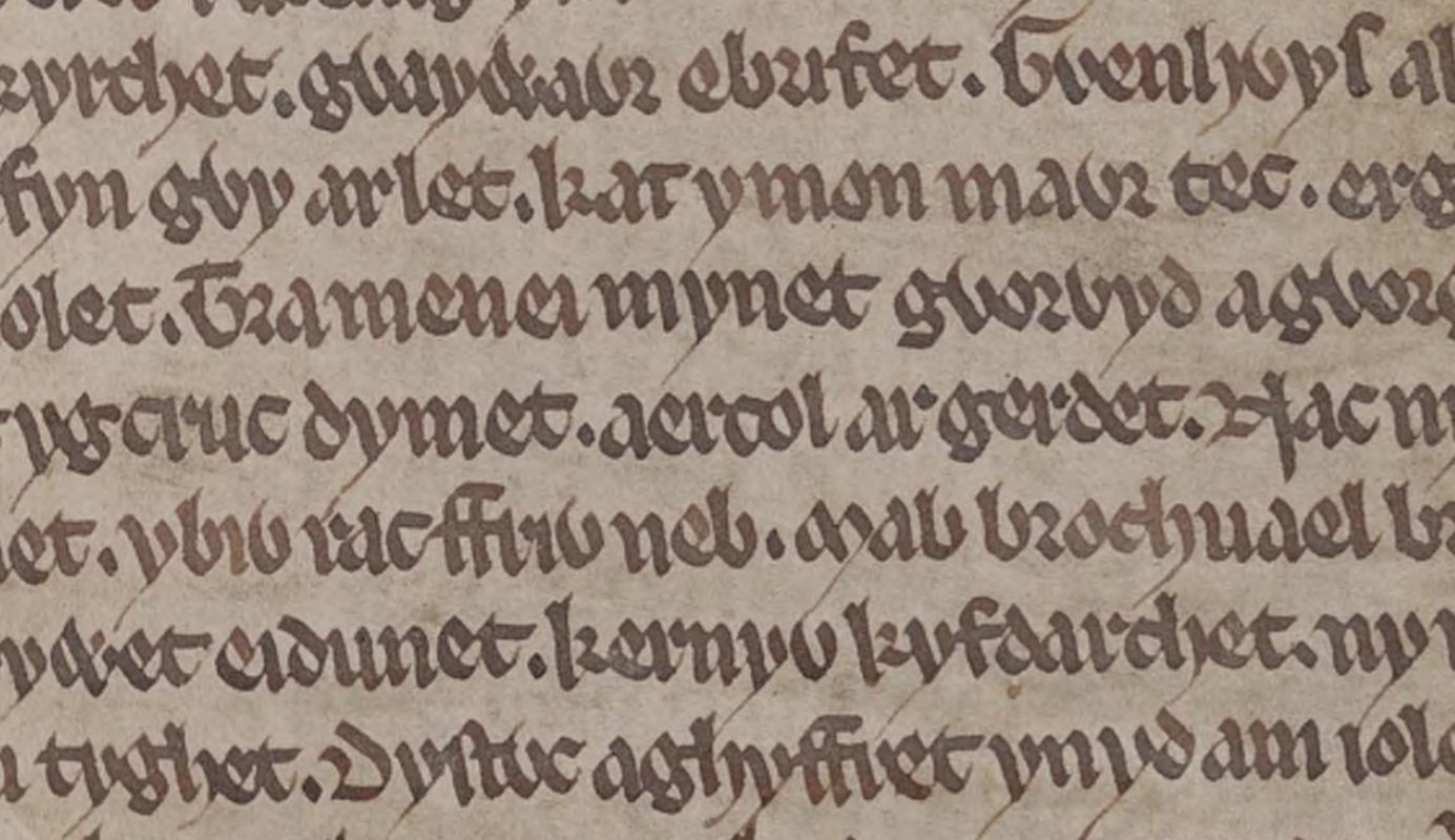 Book of Taliesin, Folio 22r, mit dem Namen Aircols im Text des Gedichts Trawsganu Kynan Garwyn mab Broch
