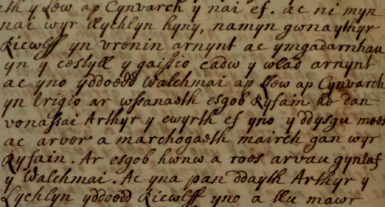 Brut Tysilio, Jesus College MS 28, Seite 140, auf der in den Zeilen fünf und sechs zu sehen ist, wie Gwalchmai zum Bischof von Rom gesandt wird, Bodleian Library, Oxford
