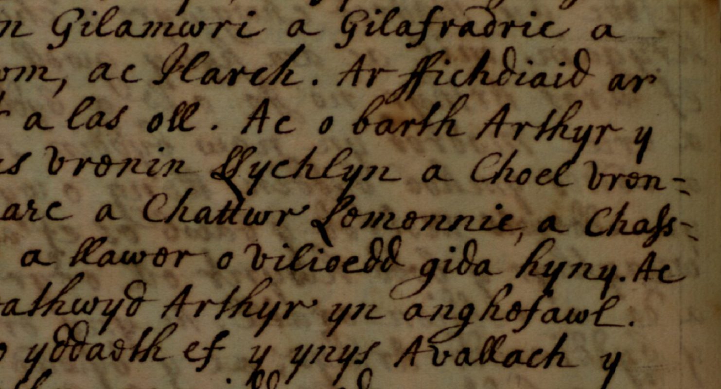 Brut Tysilio, Jesus College MS 28, Seite 168, mit Coel (Choel), dem König von Dänemark, in der vierten Zeile