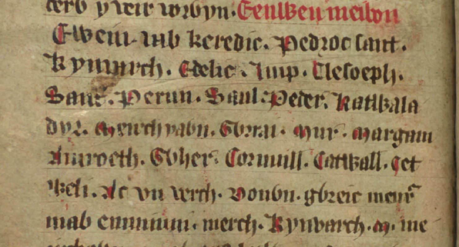 Jesus College MS 20, Folio 34v, mit vielen Söhnen des Glywys, etwa Meirchiawn in der fünften Zeile