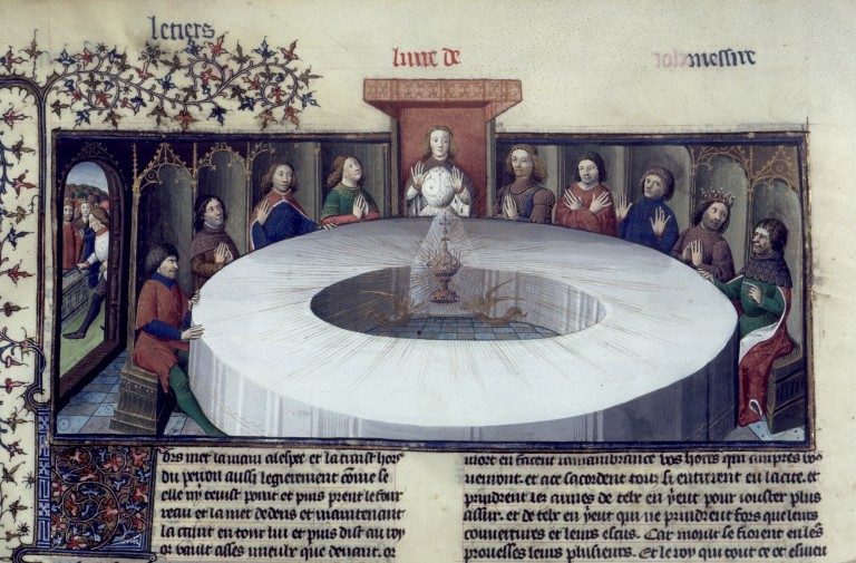 Die Ritter König Artus', die sich zur Pfingstfeier an der Tafelrunde versammelt haben, sehen eine Vision des Heiligen Grals