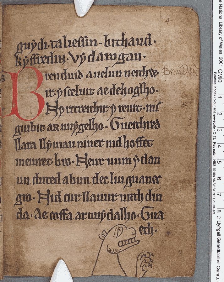 Eine Seite aus dem Schwarzen Buch von Carmarthen, das als die älteste erhaltene, ausschließlich auf Walisisch verfasste Handschrift gilt