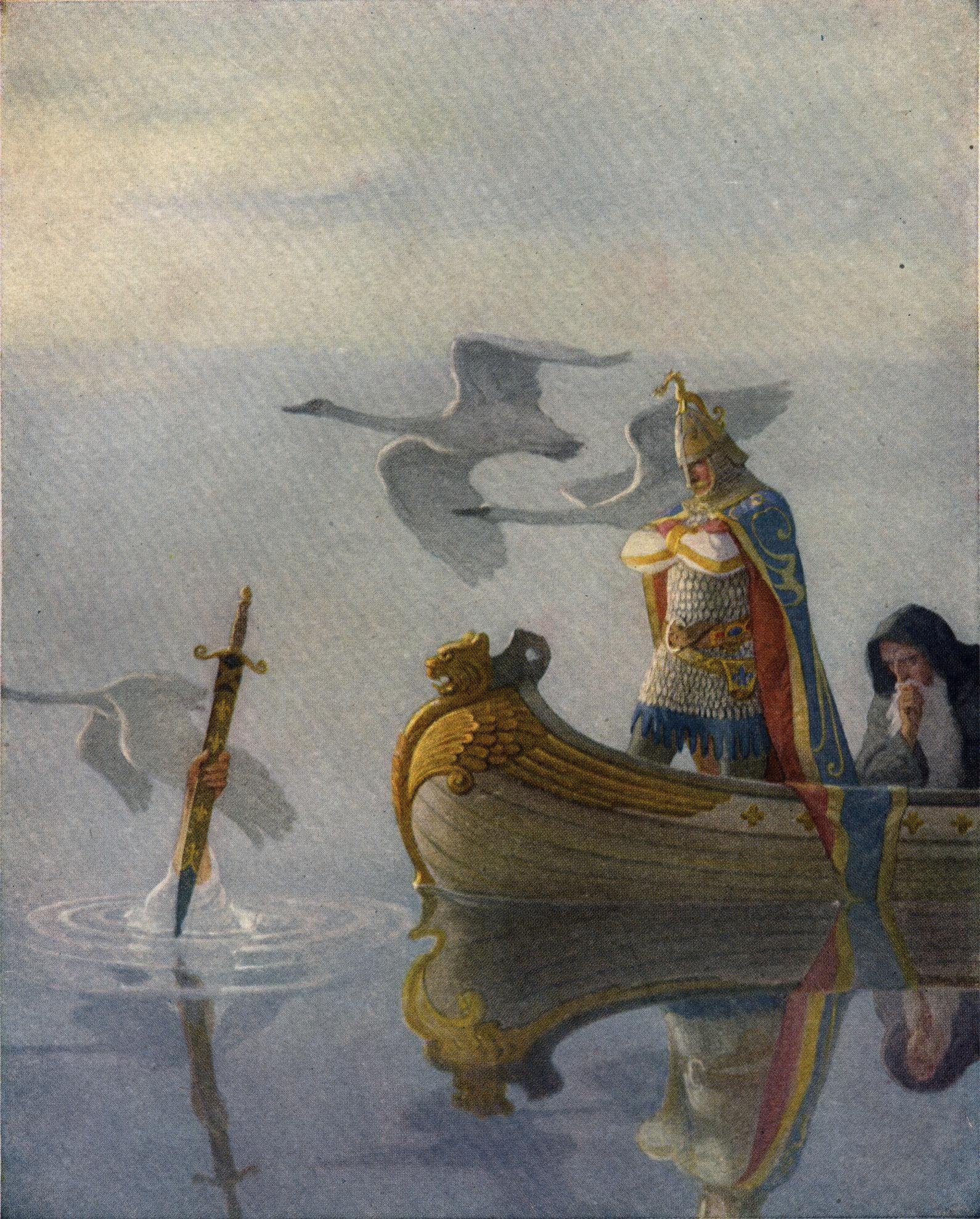 Illustration von Seite 16 von The Boy's King Arthur: "And when they came to the sword that the hand held, King Arthur took it up."