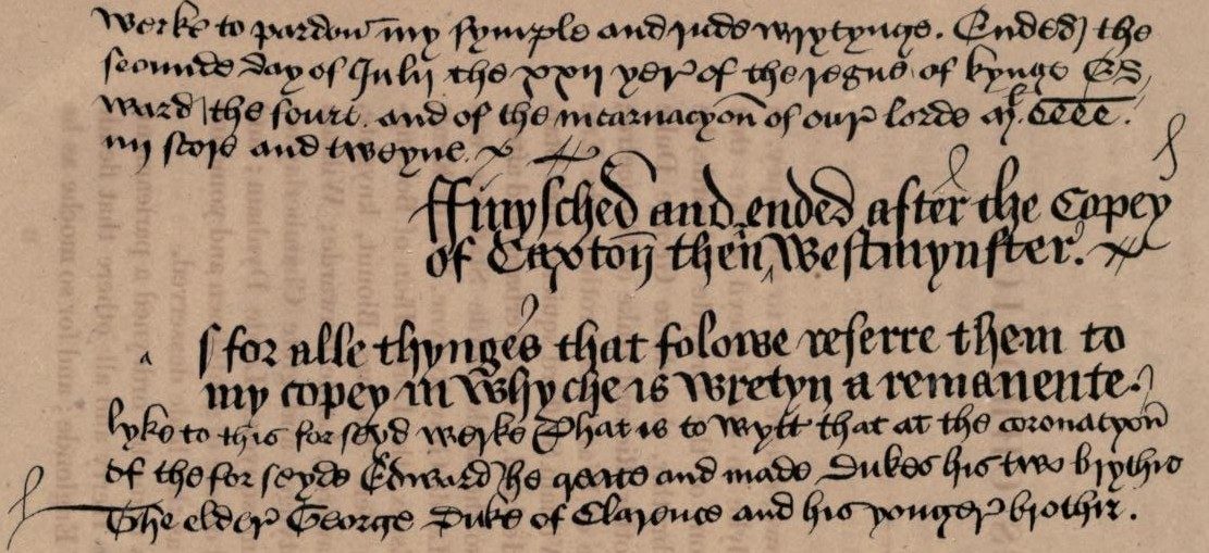 Ende der Abschrift von Caxton's Brut und Beginn von John Warkworth's eigenständiger Chronik: Faksimile von Cambridge Peterhouse MS 190 f 214v