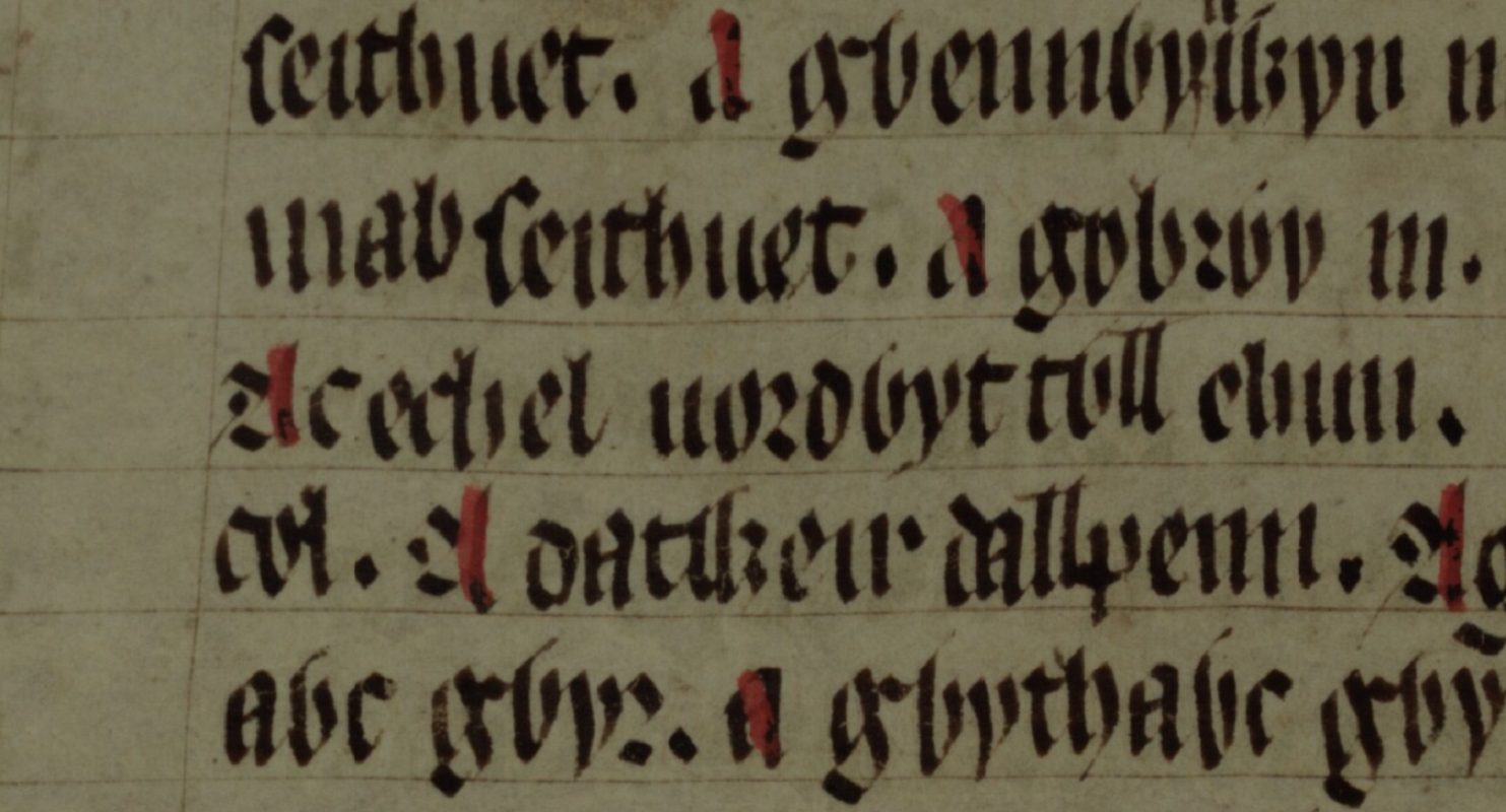 Culhwch und Olwen, Folio 201v, mit Echel Forddwyd-Twll in der mittleren Zeile