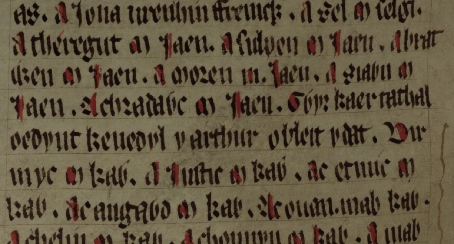 Culhwch and Olwen, Folio 201v, das Moren ap Iaen in der Mitte der dritten Zeile zeigt