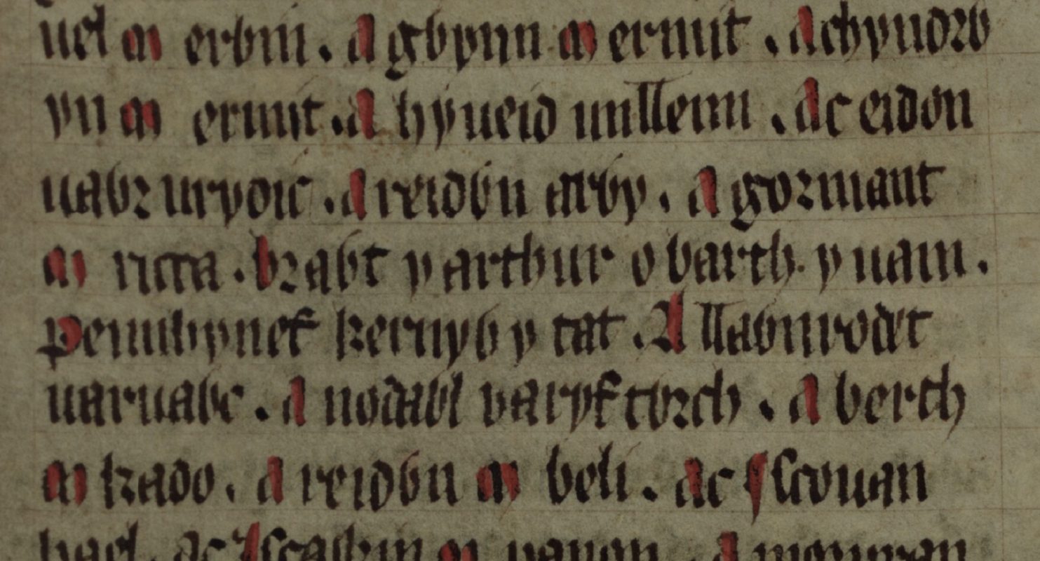 Culhwch and Olwen, Folio 202r, mit Gormant ap Ricca in der dritten und vierten Zeile