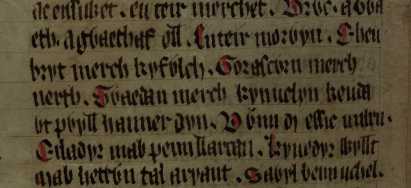 Culhwch and Olwen, Folio 202v, mit ‚Gwaedan merch Kynuelyn Keutawt‘ in der vierten und fünften Zeile