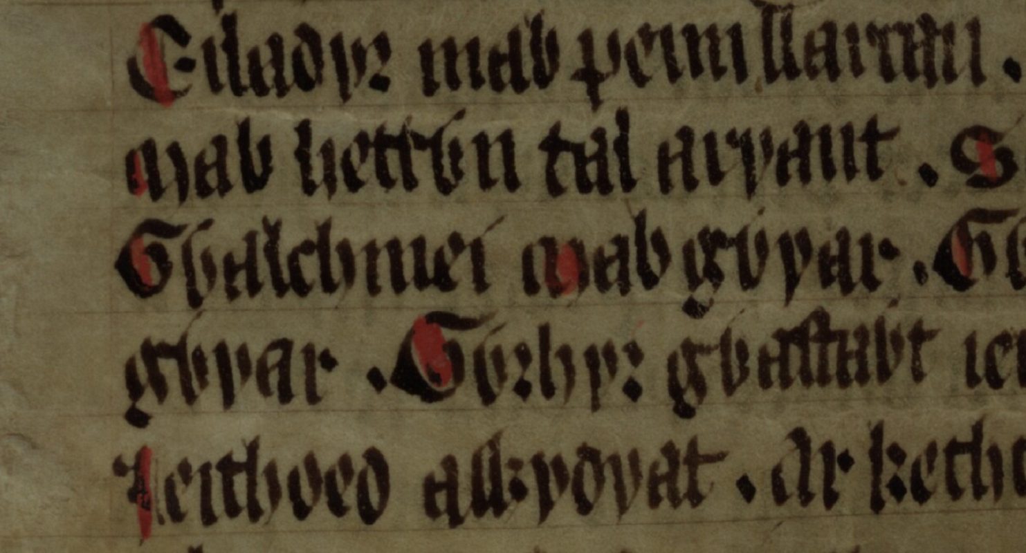 Culhwch and Olwen, Folio 202v, mit Artus’ Ritter Gwalchmai in der mittleren Zeile