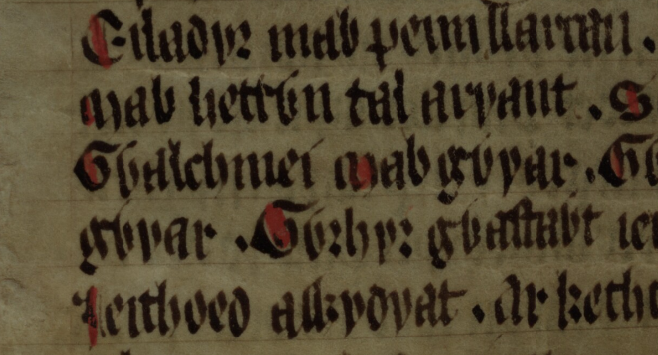 <i>Culhwch und Olwen</i>, Folio 203r, zeigt "Gwalchmei mab Gwyar" in der Mitte