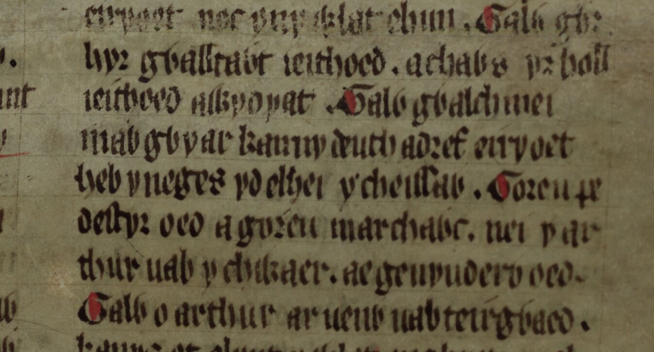 <i>Culhwch und Olwen</i>, Folio 203r, zeigt die Zeile, in der offenbart wird, dass Gywar, die Mutter von Gwalchmai, die Schwester von Artus ist