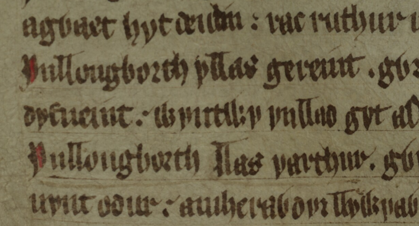 Das Gedicht <i>Englynion Gereint fab Erbin</i> im Roten Buch von Hergest, Folio 259v, mit dem Verweis auf Geraints Tod in der zweiten Zeile und dem Verweis auf Artus in der vierten Zeile