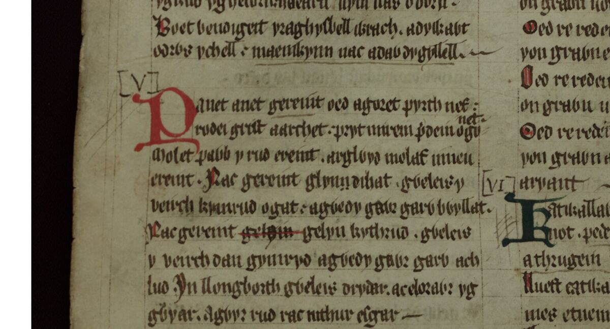 Das Gedicht <i>Englynion Gereint fab Erbin</i> im Roten Buch von Hergest, Folio 259v, beginnend etwa auf halber Höhe der linken Spalte
