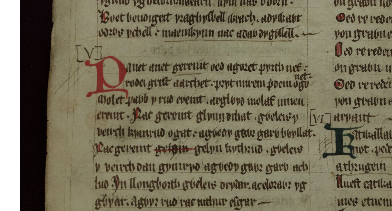 Das Gedicht <i>Englynion Gereint fab Erbin</i> im Roten Buch von Hergest, Folio 259v, beginnend etwa auf halber Höhe der linken Spalte