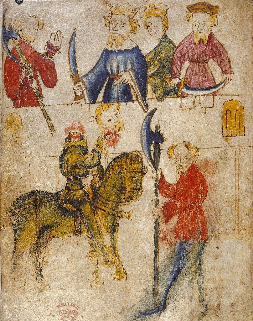 Eine Darstellung des Grünen Ritters am Hof König Artus’ im Pearl Manuscript, spätes vierzehntes Jahrhundert