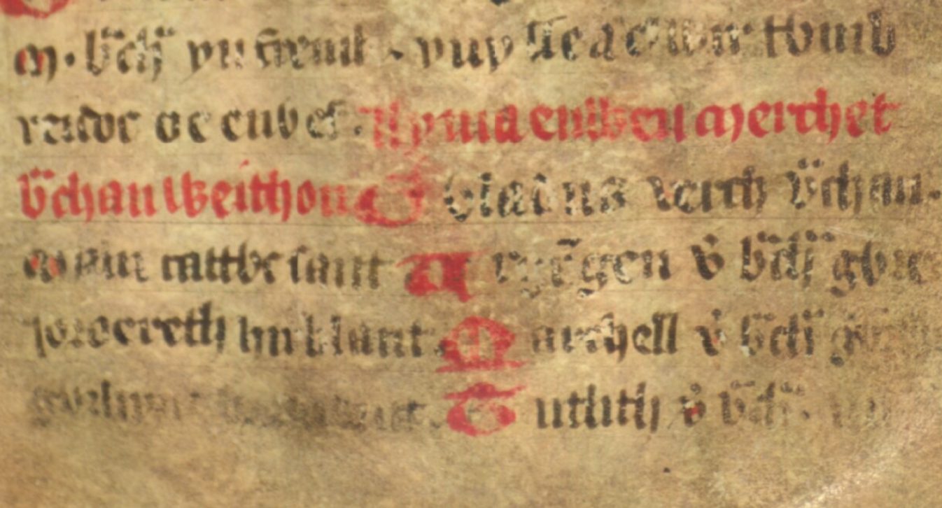 Jesus College MS 20, Folio 33r, das Gwladus als Tochter von Brychan und Mutter von „Cattwc“ (Cadoc) in Zeile drei und vier zeigt