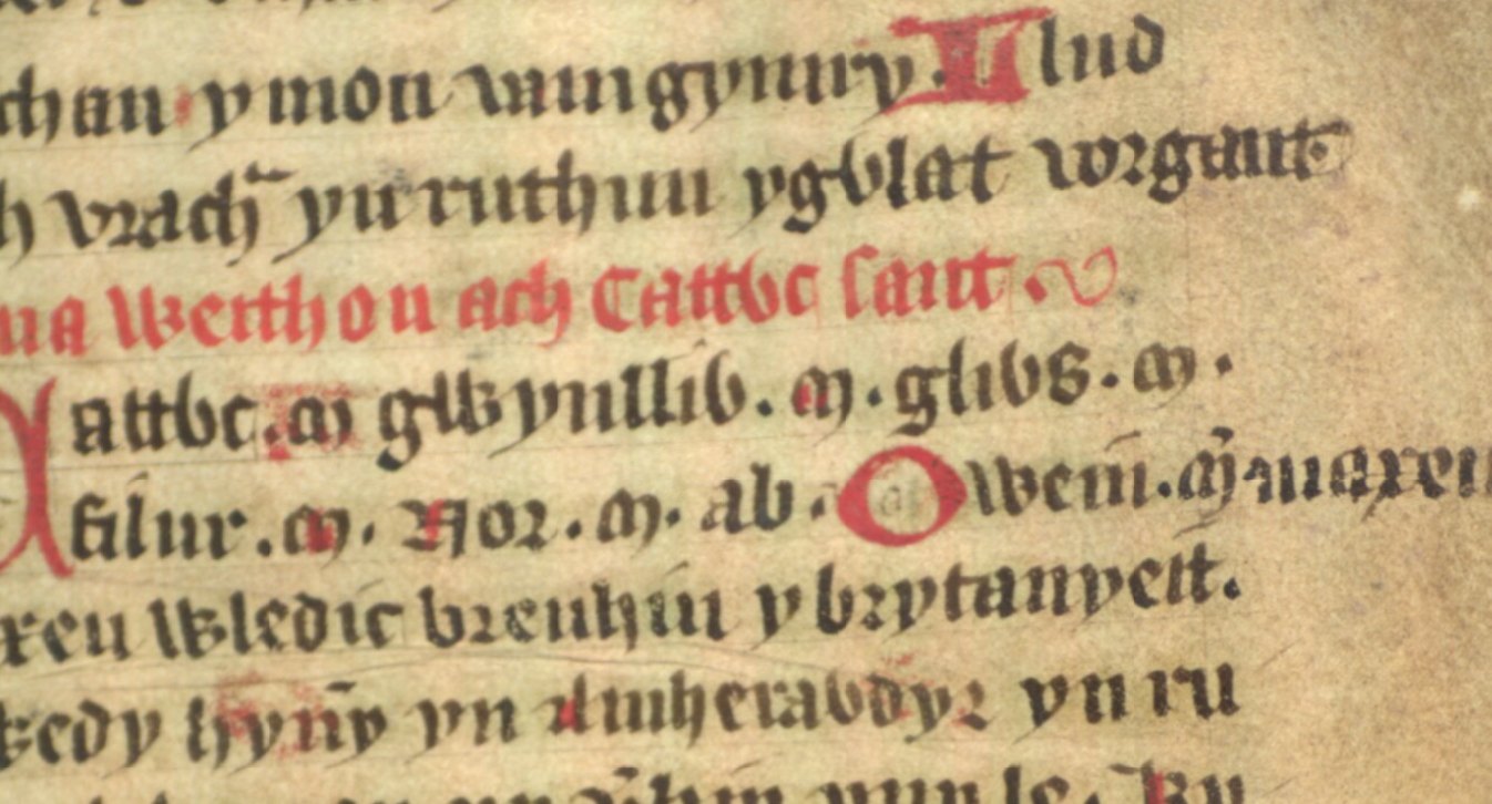 Jesus College MS 20, Folio 34r, zeigt Glywys, den Vater von König Poulentus, am Ende der Mittellinie