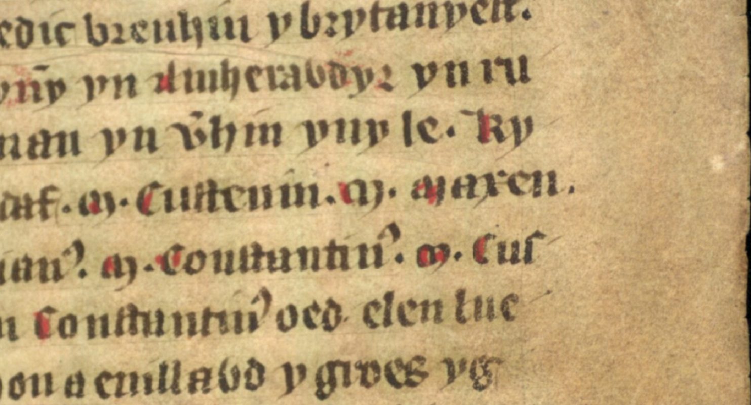 Jesus College MS 20, Folio 34r, das Magnus Maximus' Namen als ‚Maxen' geschrieben am Ende der Mittellinie zeigt