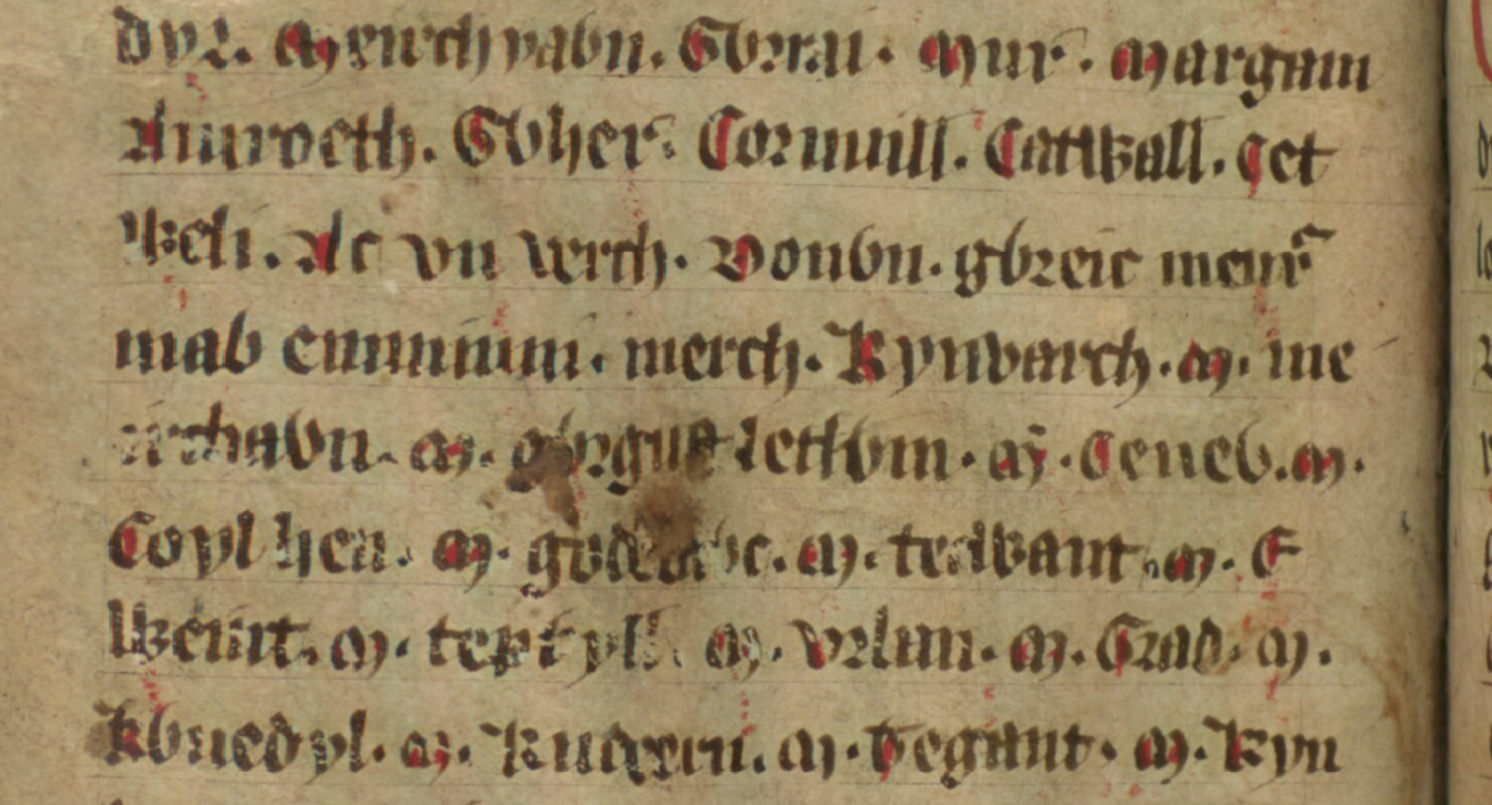 Jesus College MS 20, Folio 34v, zeigt Meirchion ap Gwrgust über die vierte und fünfte Zeile, möglicherweise der Gegner Illtuds