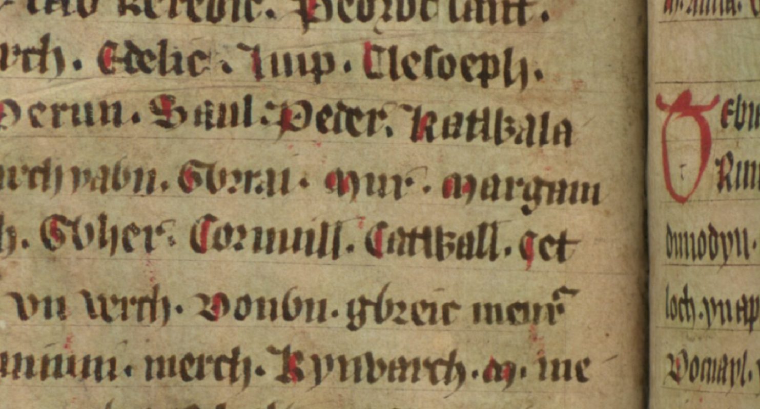 Jesus College MS 20, Folio 34v, das Glywys' Sohn Mur in der Mitte zeigt, Bodleian Library, Oxford