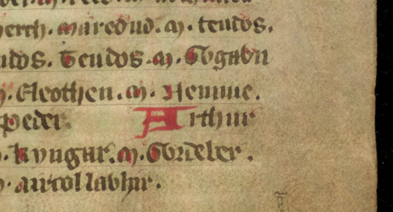 Jesus College MS 20, Folio 36r, showing Arthur’s son Nowy, spelt ‘Nennue’ in this document