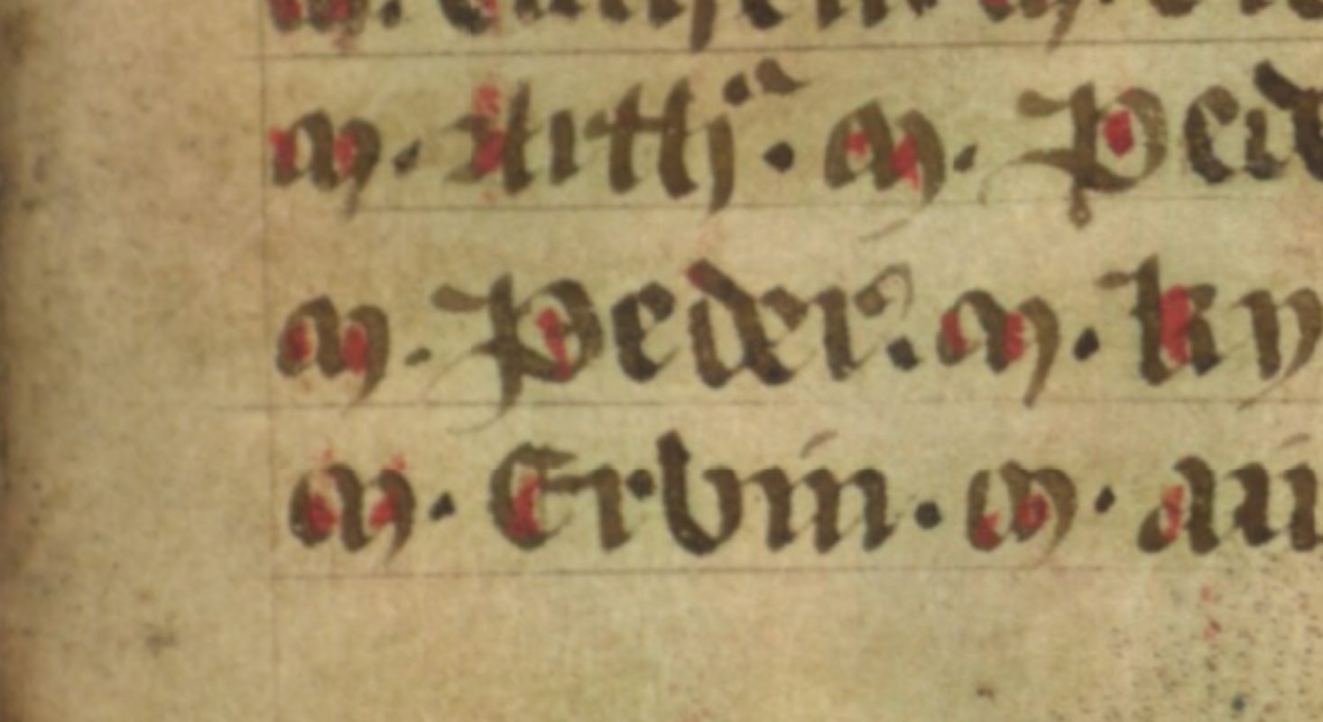 Jesus College MS 20, Folio 36r, zeigt Pedr von Dyfed mit der Schreibweise seines Namens als „Peder“
