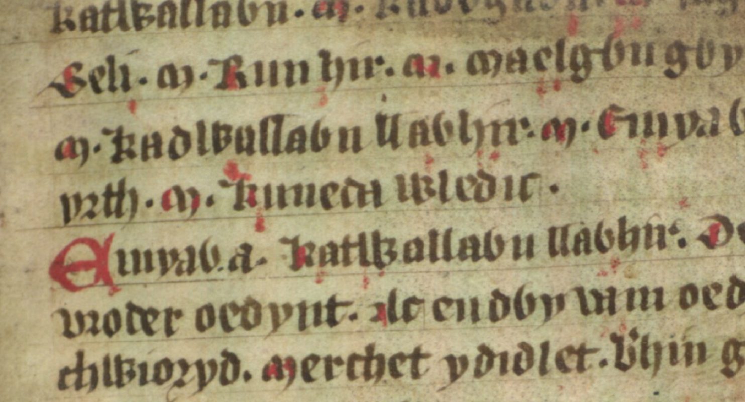 Jesus College MS 20, Folio 38r, das Cunedda Wledig als Vorfahren des Maelgwn Gwynedd zeigt, Bodleian Library, Oxford
