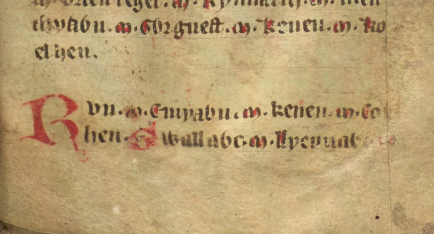 Jesus College MS 20, Folio 38r, das Gwallog und seinen Vater Lleenog ganz am Ende zeigt