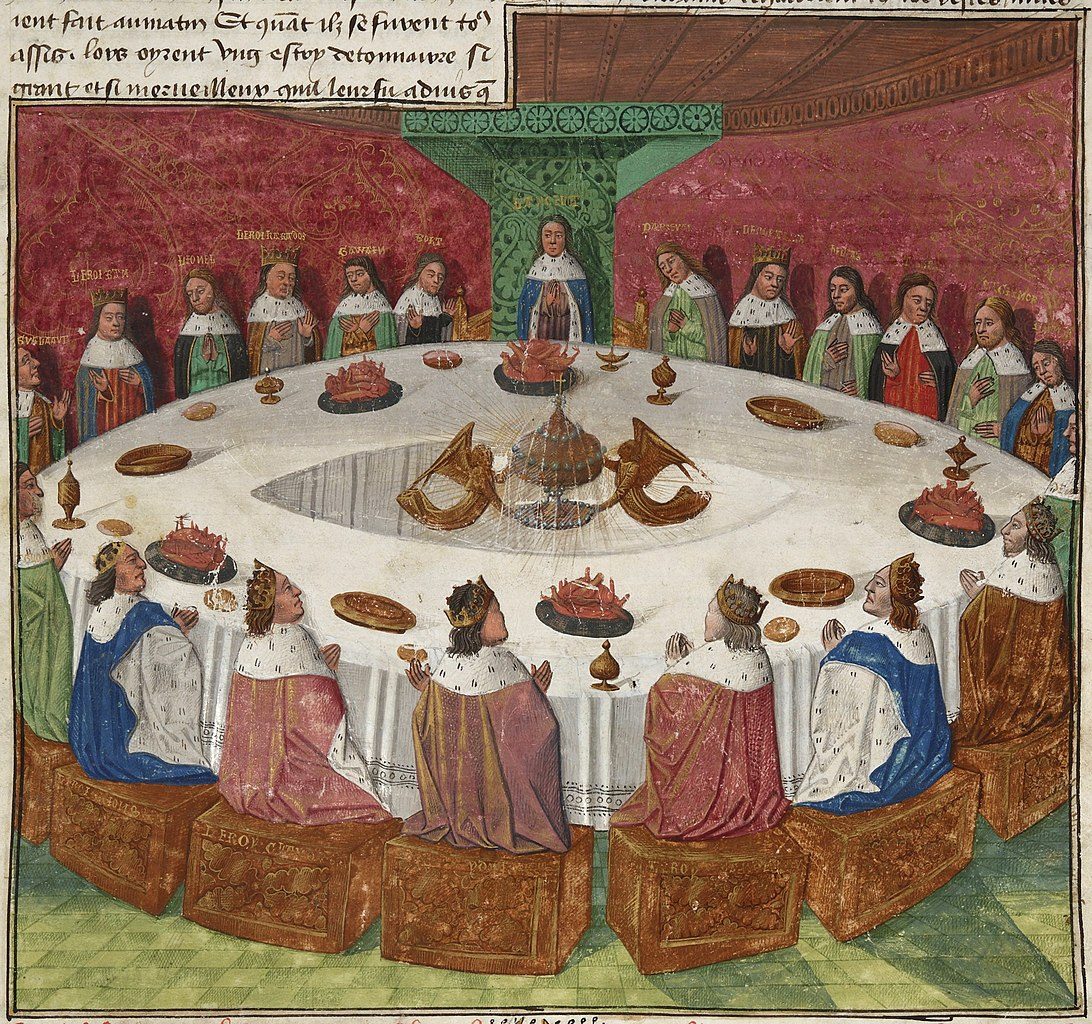 Eine Illustration König Artus' und seiner Ritter an der Tafelrunde, aus BNF 112, illuminierte Handschrift des Prosa-Lancelot, Evrard d'Espinques, 1470
