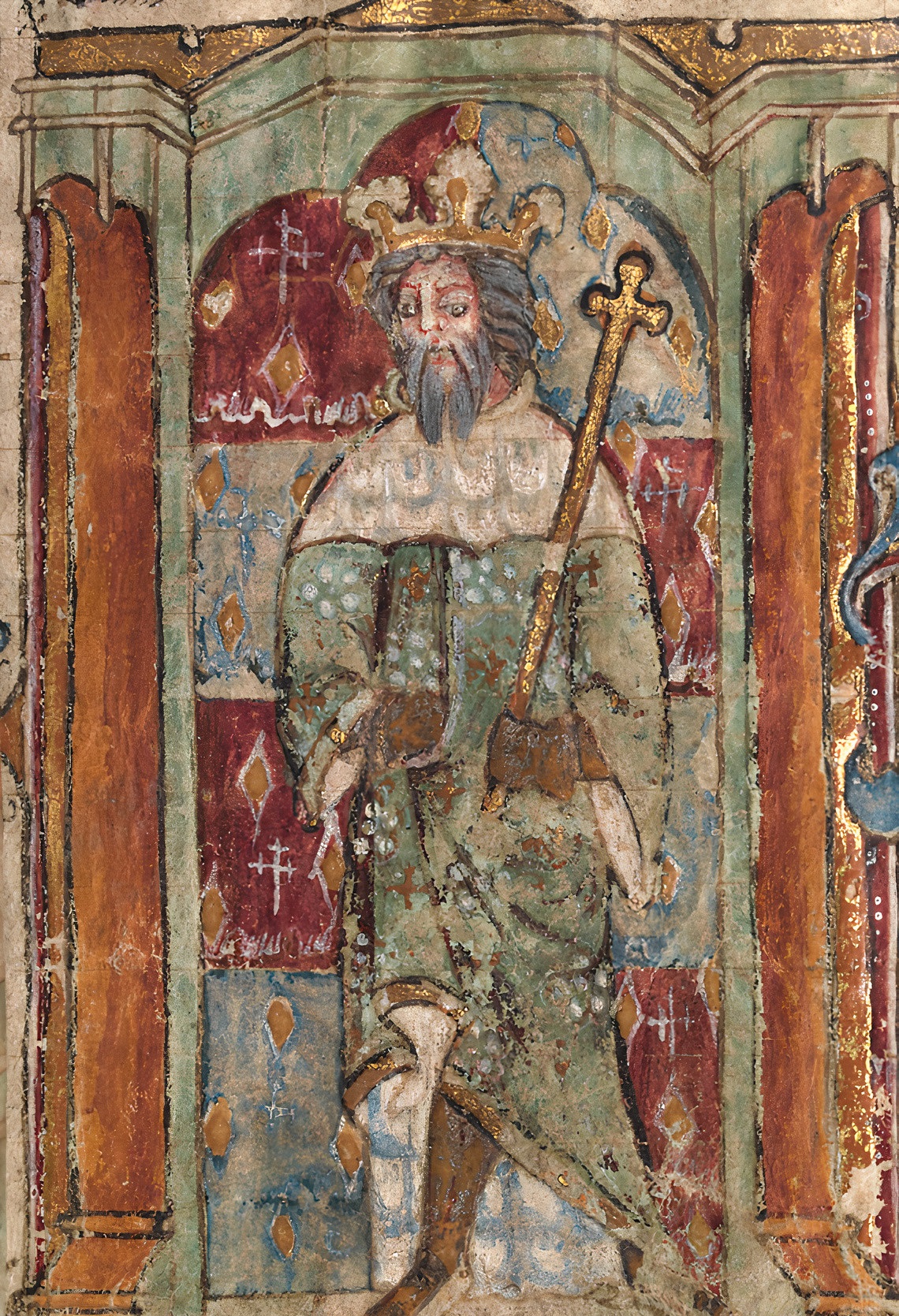 Illustration from the <i>Llanbeblig Book of Hours</i>, possibly depicting Magnus Maximus, 14th century, National Library of Wales