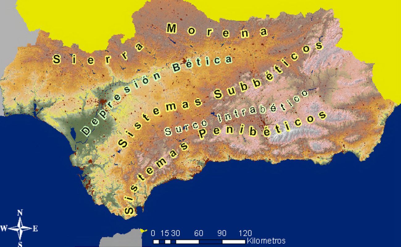Spanische Karte, die die Betische Senke zeigt, die sich durch Andalusien erstreckt, von Jompy, CC-BY 3.0