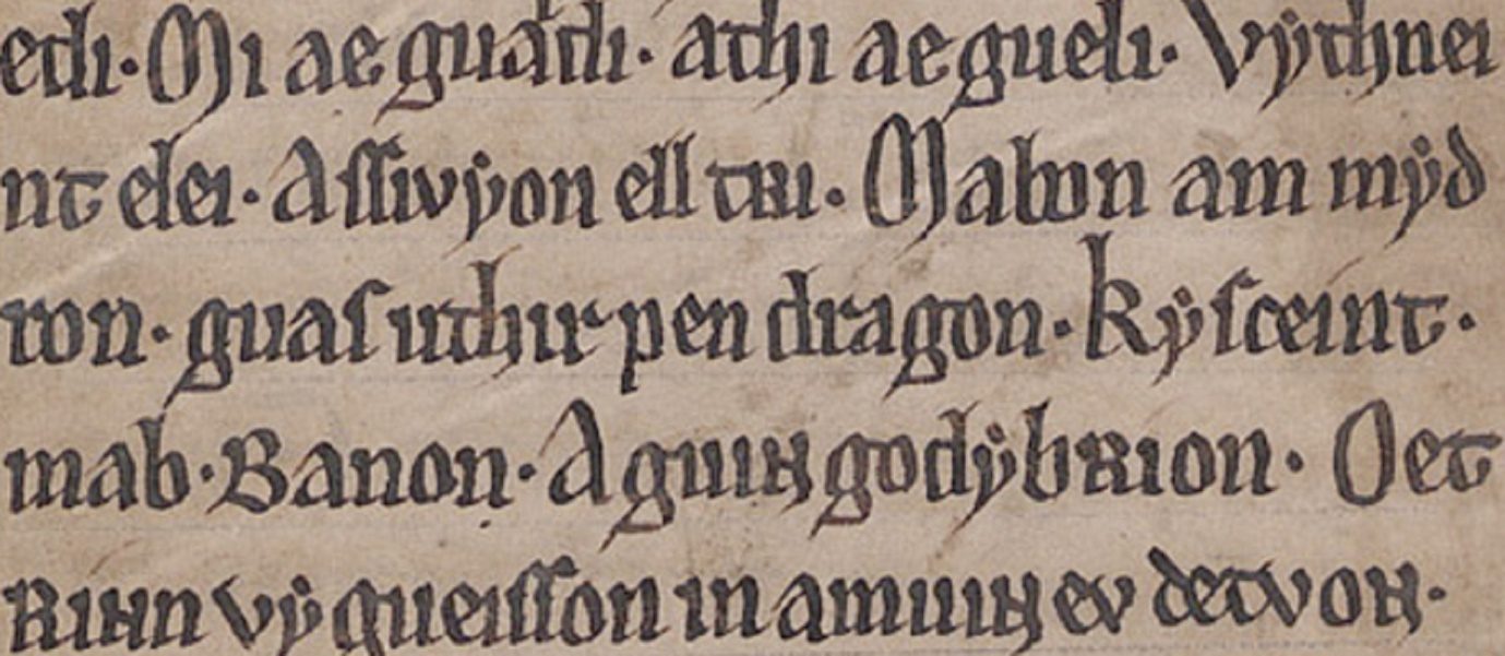 MS Peniarth 1, Folio 47r, mit der Erwähnung von ‚uthir pen dragon‘ im Gedicht Pa Gur.