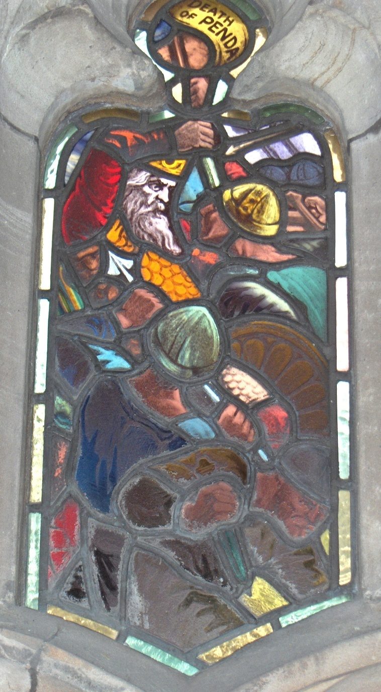 Glasmalerei-Darstellung des Todes von Penda von Mercia, Kathedrale von Worcester, England