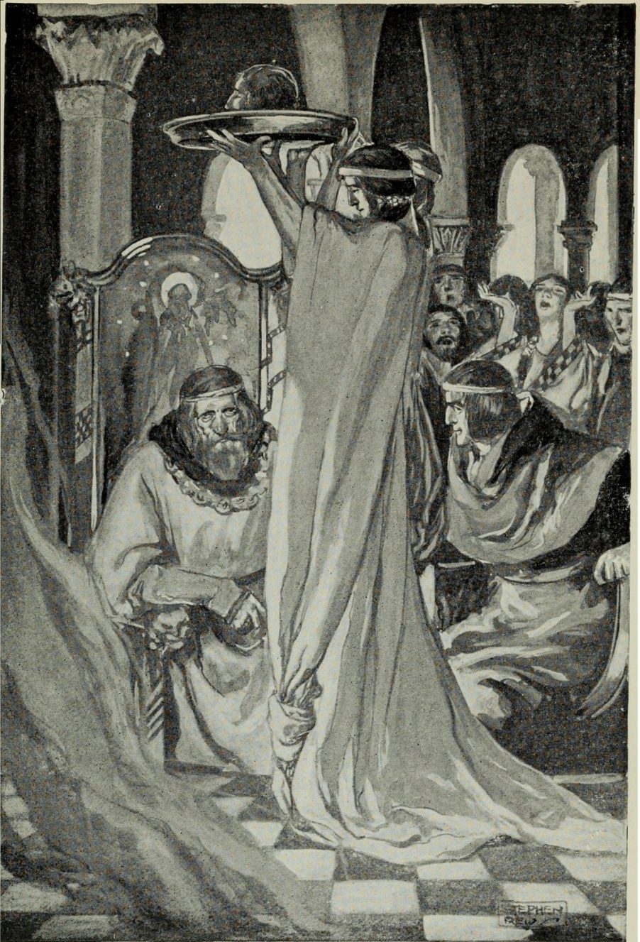Illustration der Szene in der walisischen Erzählung Peredur, in der dem König ein abgetrennter Kopf gezeigt wird, aus T W Rollestons Myths and Legends of the Celtic Race, 1910