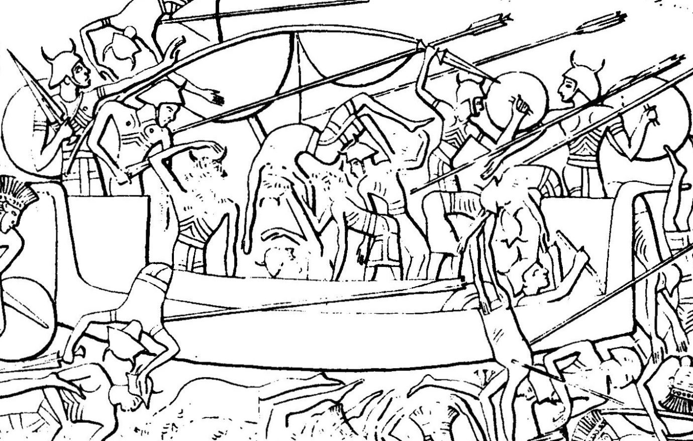 Darstellung der Scherden, eines der Seevölker, wie auf dem Tempel von Medinet Habu aus der Zeit von Ramses III. abgebildet