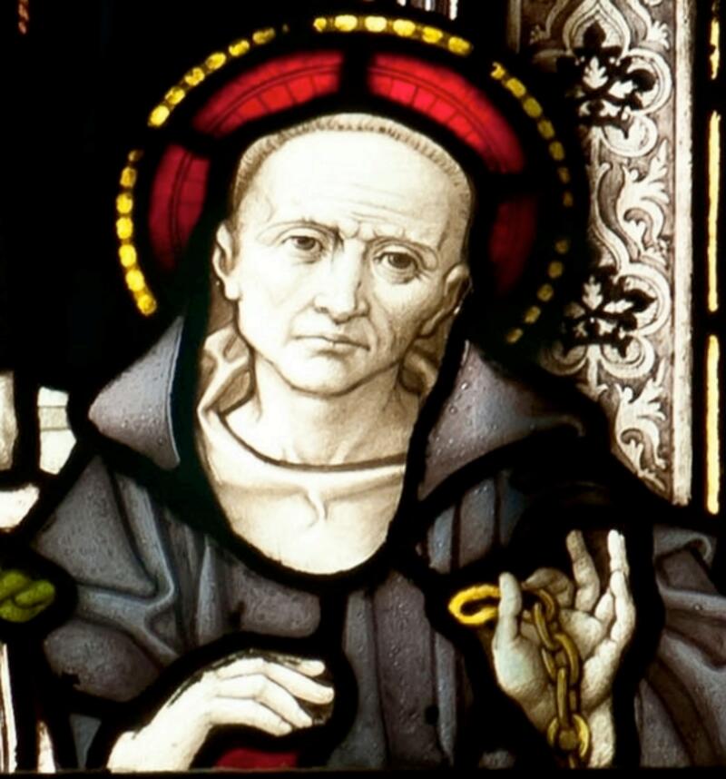 Glasmalerei-Darstellung des heiligen Petroc, dessen Hagiographie möglicherweise König Konstantin erwähnt, Truro Cathedral, Truro, Cornwall