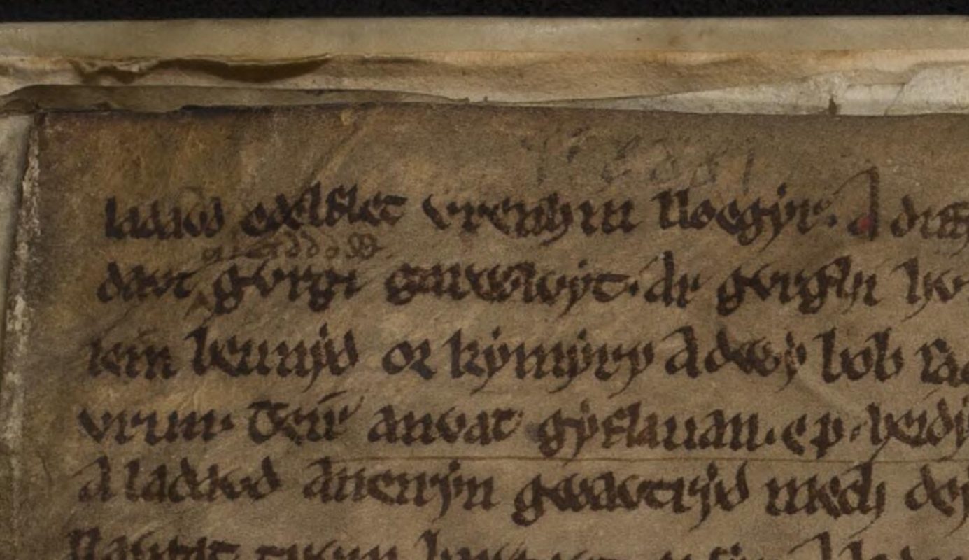 Eine Version der Walisischen Triaden, aus Peniarth MS 16, Folio 52r, mit ‚Edelflet‘ (Athelfrith) in der ersten Zeile