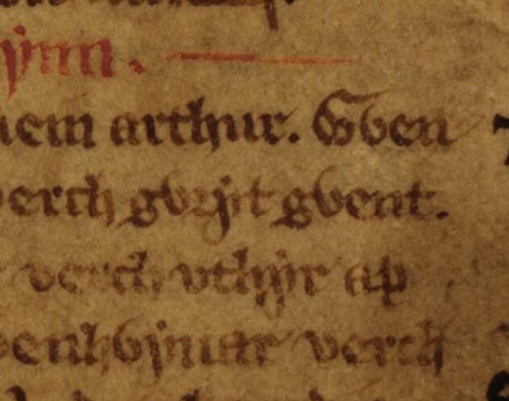 Folio 55v of the White Book of Rhydderch, showing Triad 56, Arthur's Three Great Queens, in which Cywryd Gwent's name is seen in the centre, National Library of Wales, Aberystwyth