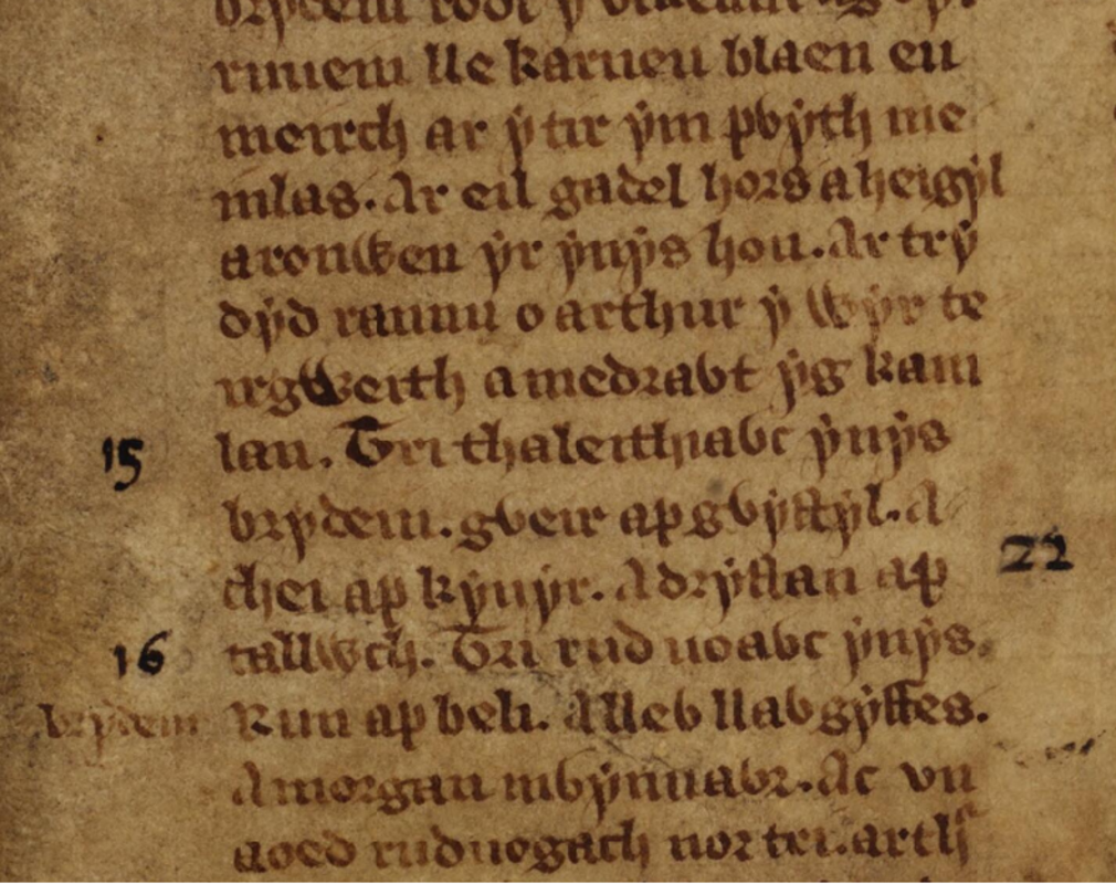 Ein Verweis auf die Schlacht von Camlann in den Walisischen Triaden, Weißes Buch von Rhydderch, Folio 56r